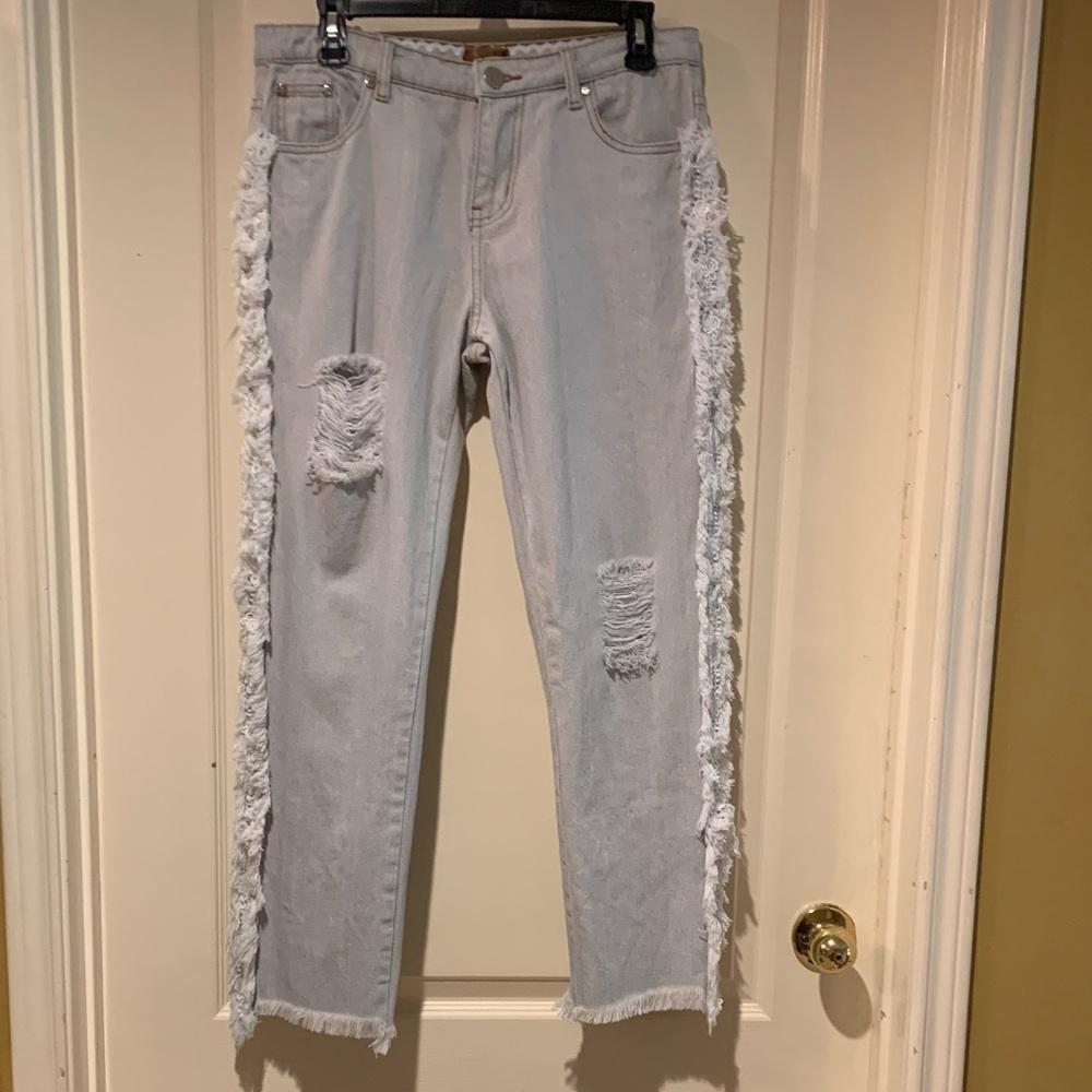 POL Light Blue Straight Leg Jeans with Side Fringes